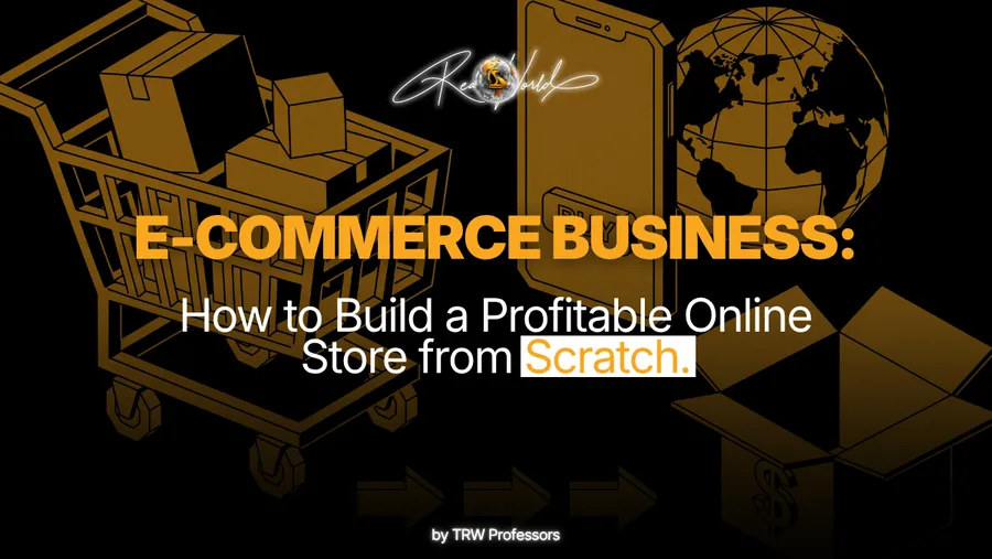 A graphic illustrating the core components of an e-commerce business, including a shopping cart, smartphone, globe, and shipping box, accompanying a guide on how to build a profitable online store