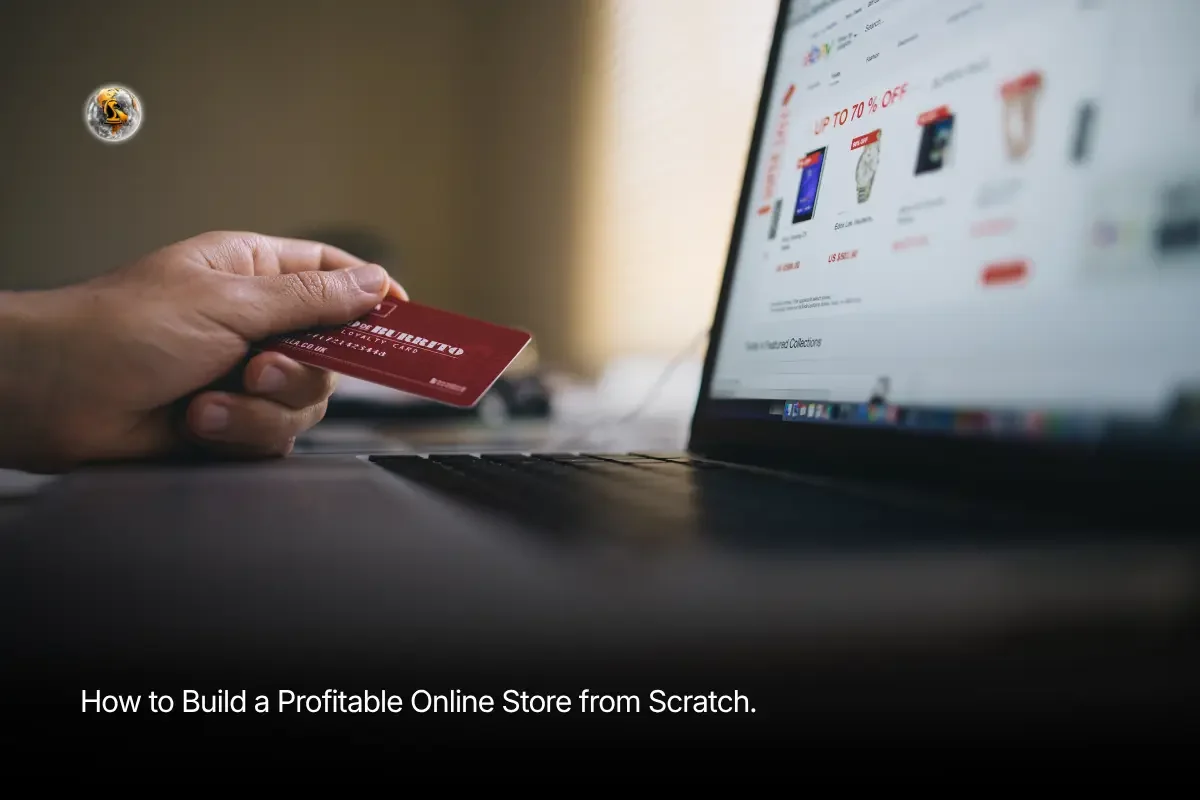 A person holding a credit card while looking at an online store on a laptop, representing the process of building an e-commerce business from scratch.