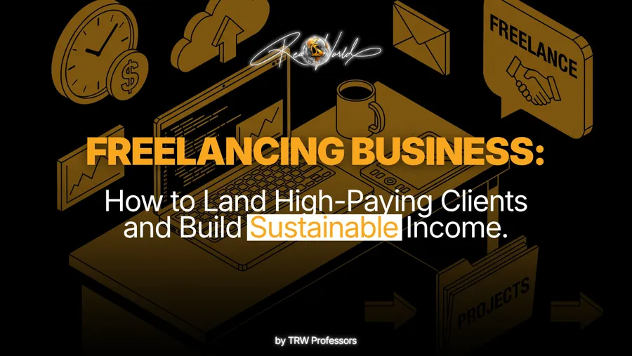 A graphic featuring a laptop, clock, envelope, and a handshake icon, representing how to land high-paying clients and build a sustainable freelancing business.