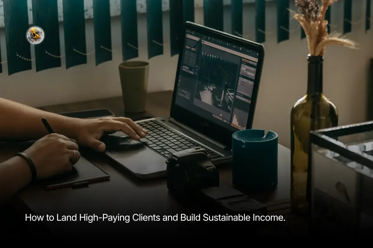 A person working at a desk using a laptop and a drawing tablet, illustrating how to land high-paying clients and build sustainable income.