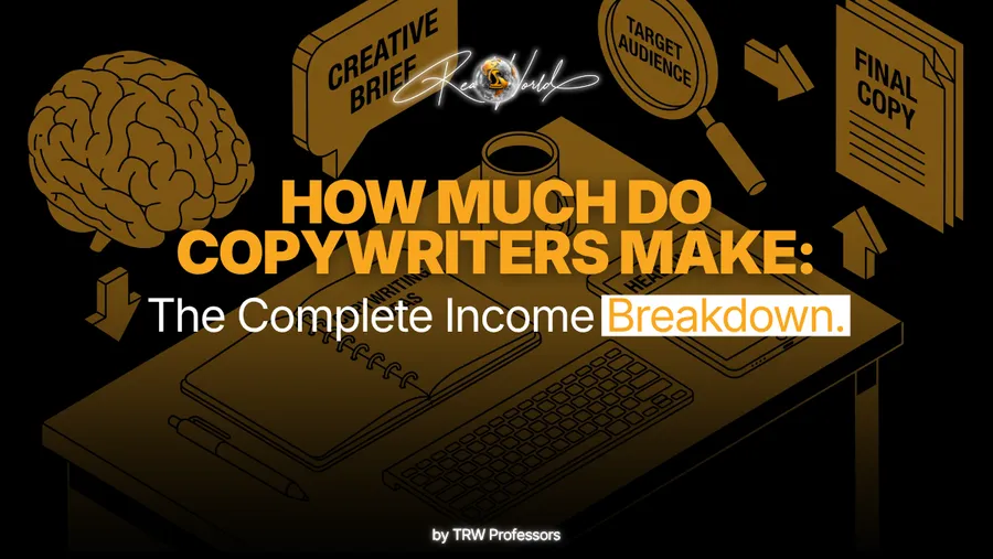 A graphic featuring a brain, a magnifying glass focused on a target audience, and a keyboard, representing a complete breakdown of how much do copywriters make.