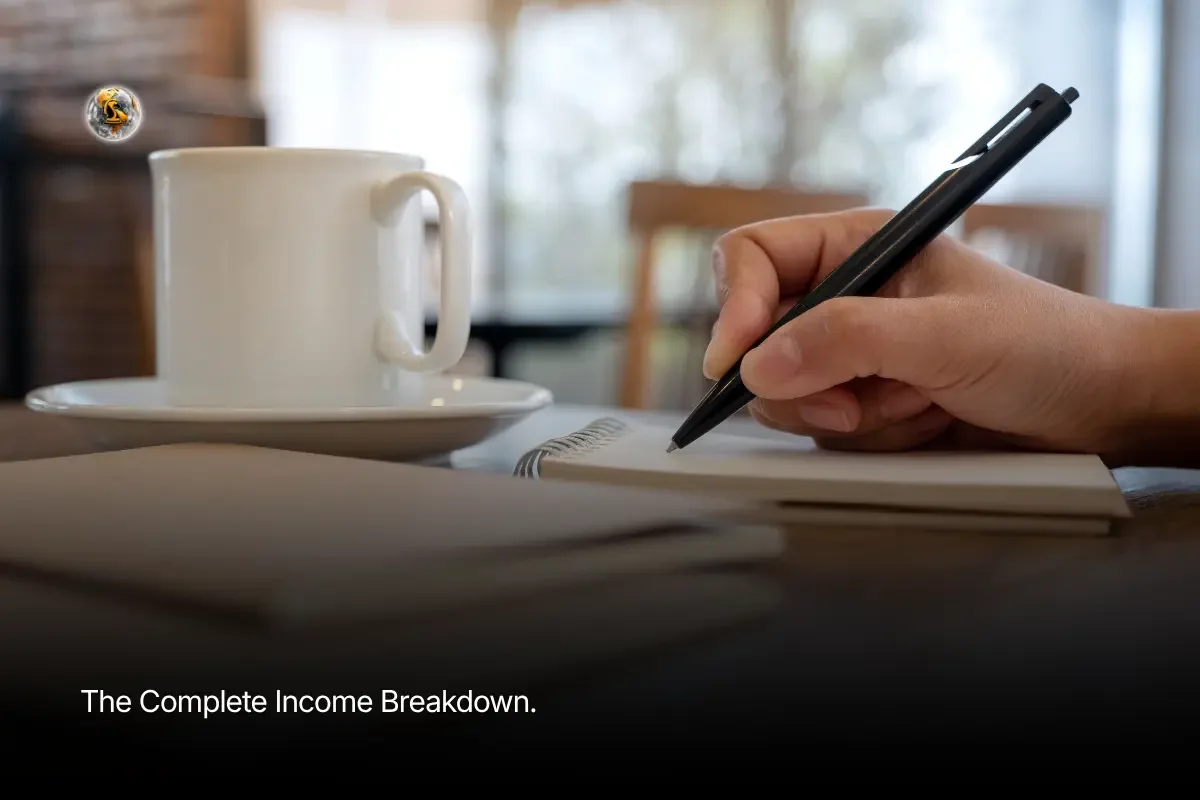 A close-up photo of a person's hand writing in a notebook with a pen next to a coffee cup, illustrating the complete income breakdown of how much copywriters make.