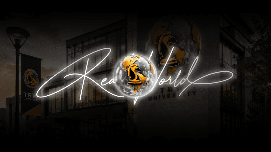 Hustlers University logo featuring a globe and chess knight, displayed in front of TRW University building.