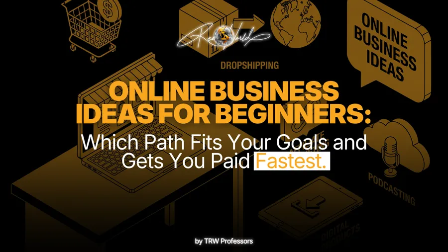 A graphic displaying various digital business icons like a shopping cart, a globe, and a laptop storefront, representing a guide on online business ideas for beginners.