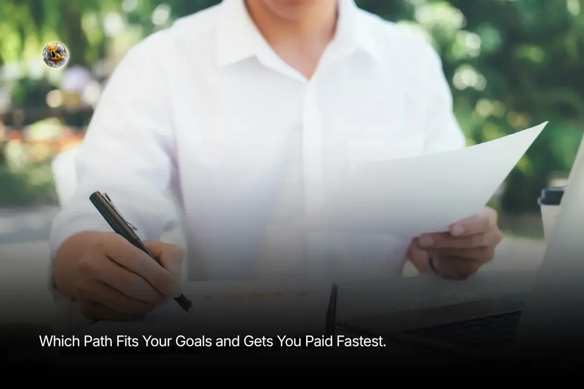 A close-up photo of a person in a white shirt reviewing documents and taking notes next to a laptop, illustrating how to choose which online business path fits your goals.