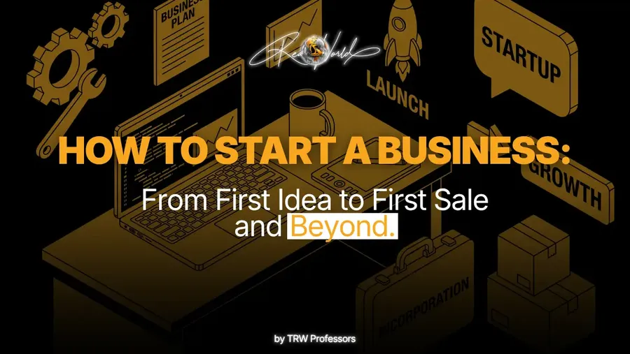An isometric graphic showing a laptop, gears, rocket launch, and business plan, representing essential starting a business tips to move from idea to first sale.