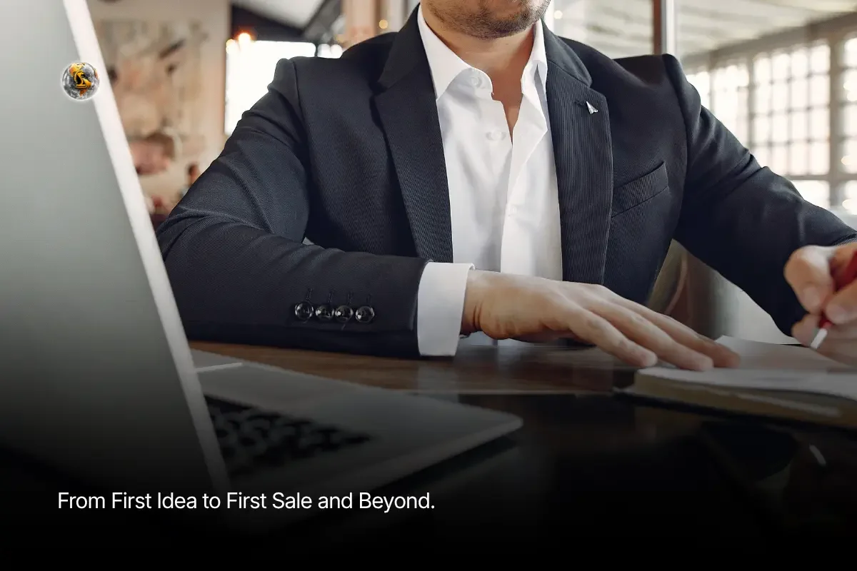 A business professional taking notes next to an open laptop at a desk, illustrating practical starting a business tips for taking an idea to first sale.